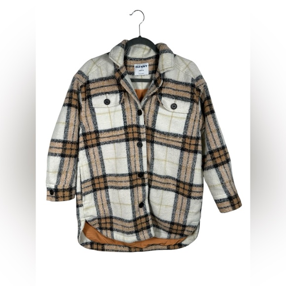 Old Navy Plaid Sherpa Jacket Petite Small Button Front Coat Tan Cream Black Warm - Picture 2 of 8